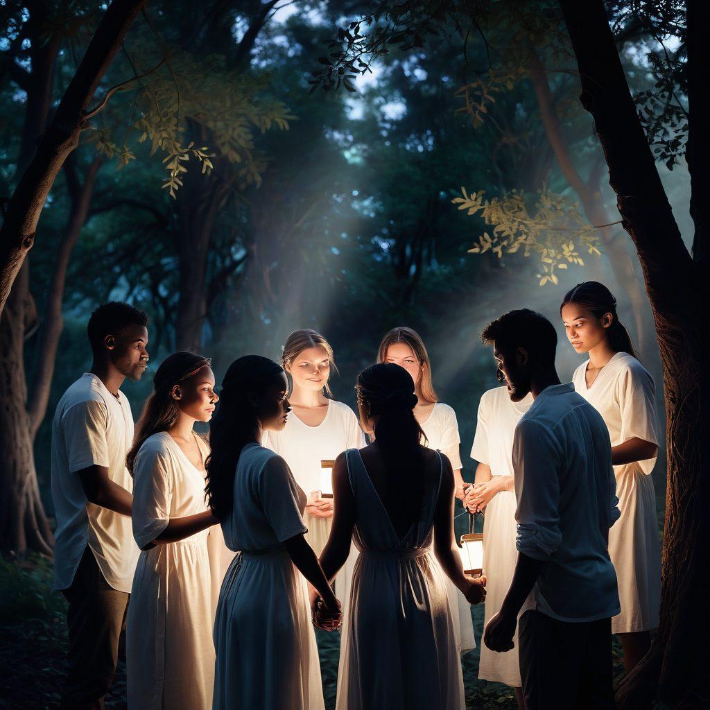 A serene scene depicting diverse individuals coming together in a twilight setting, symbolizing collective healing. Soft beams of light filtering through dark, shadowy trees, illuminating their faces with expressions of hope and support. Gentle gestures of connection, such as holding hands or embracing, capturing the essence of emotional support. Subtle details like glowing lanterns or soothing nature elements in the background creating a tranquil atmosphere. ethereal art style. soft color palette. dreamy ambiance.