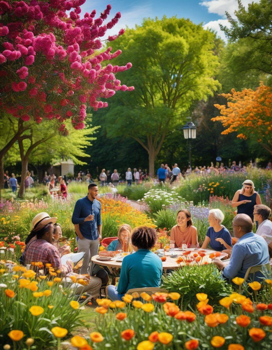 A diverse group of people gathered in a sunny park, engaging in activities like sharing stories and laughter, surrounded by blooming flowers symbolizing growth and support. Each person represents different backgrounds and ages, showcasing inclusivity and community spirit. The atmosphere is warm and inviting, reflecting emotional wellness and connection. soft focus. vibrant colors. super-realistic.