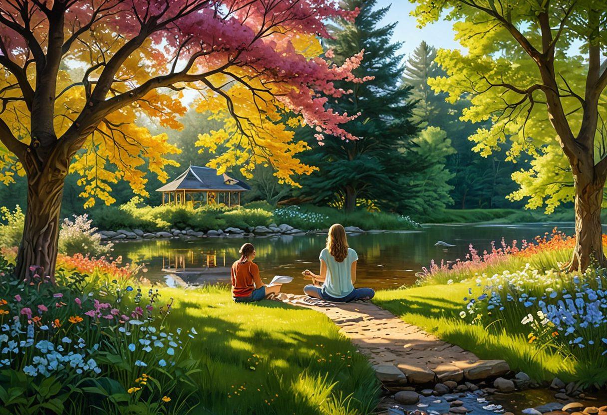 A serene landscape featuring a diverse group of people engaged in deep conversation under a large, blossoming tree symbolizing growth and connection. Soft sunlight filters through the leaves, creating a warm and inviting atmosphere. Include elements of nature such as flowers and a tranquil stream to evoke peace. Emphasize vibrant colors to promote positivity and healing. super-realistic. warm colors. peaceful background.